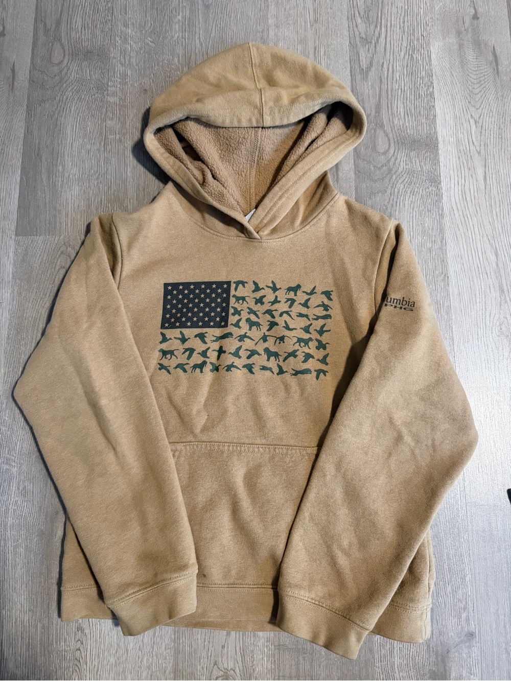 Columbia Kids Tan Hoodie with Green Duck Flag Graphic